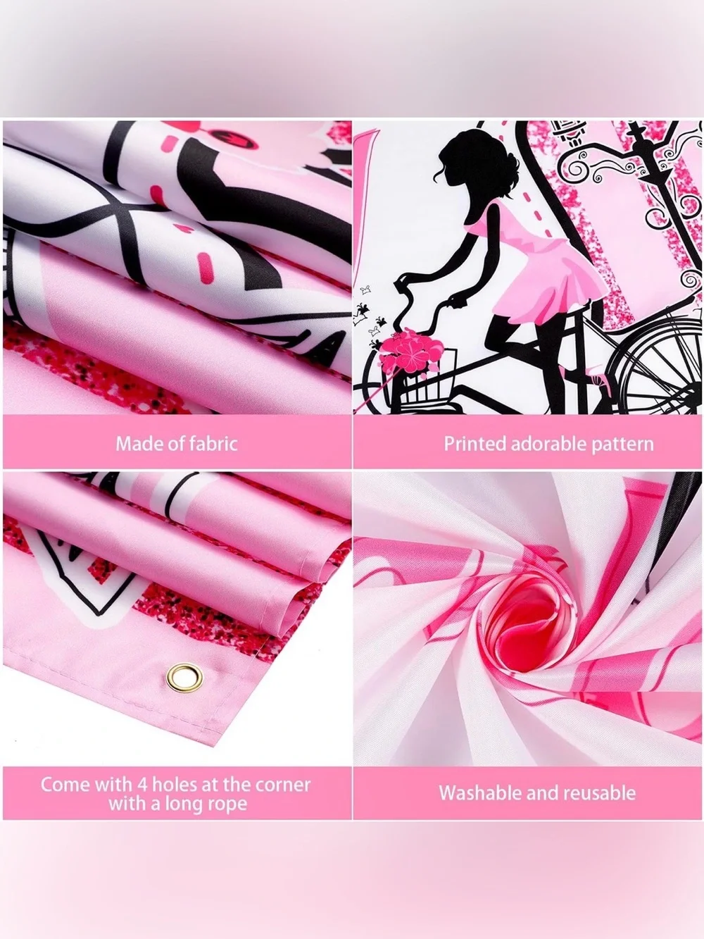 Happy Birthday Paris Backdrop - Pink Striped Party Banner